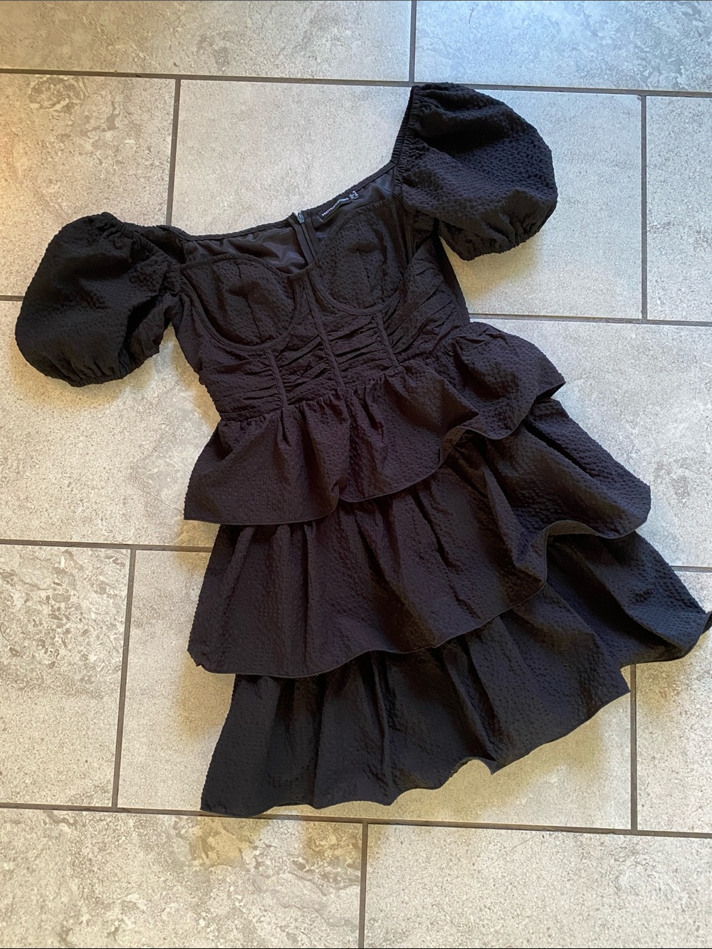 PrettyLittleThing Black Textured Mini Dress with Puff Sleeve Detail